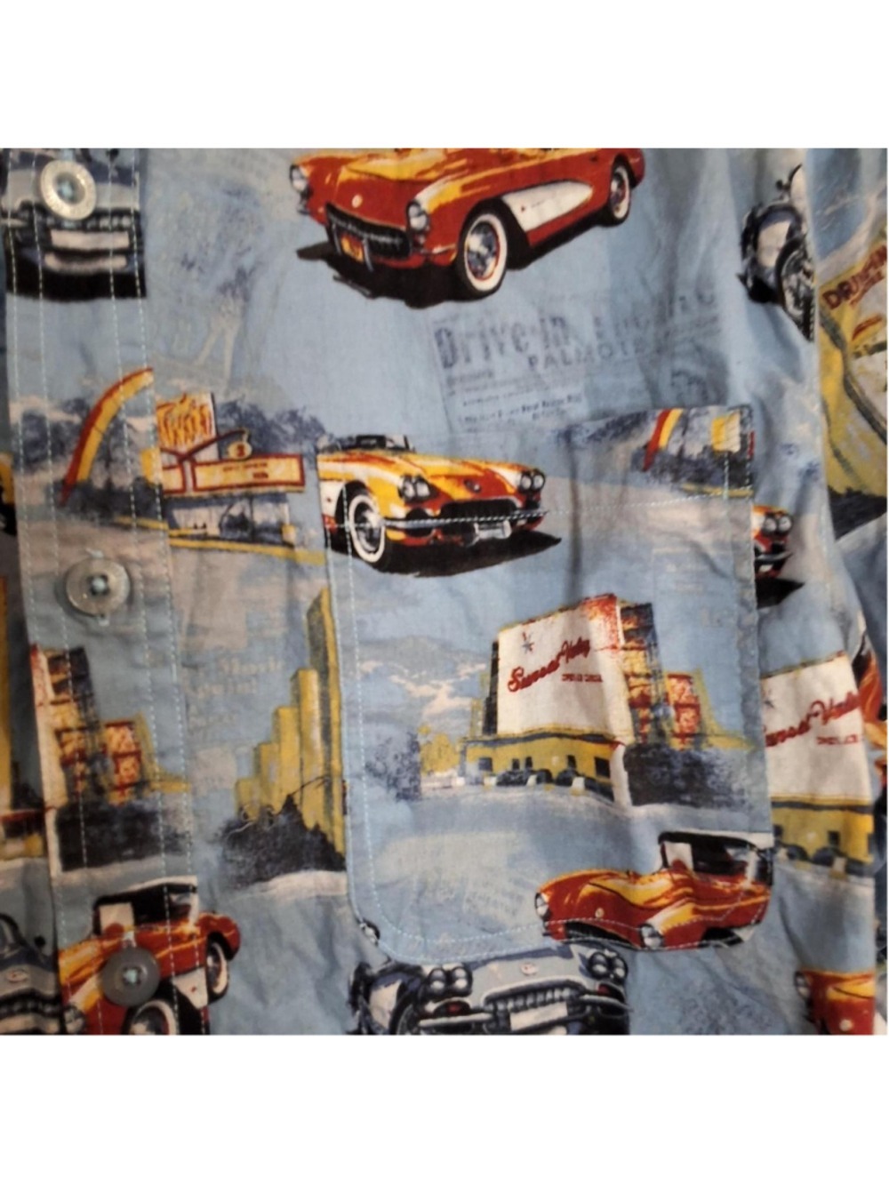 Sunset Valley blue button-up shirt vintage cars retro graphics cotton large - Picture 4 of 5
